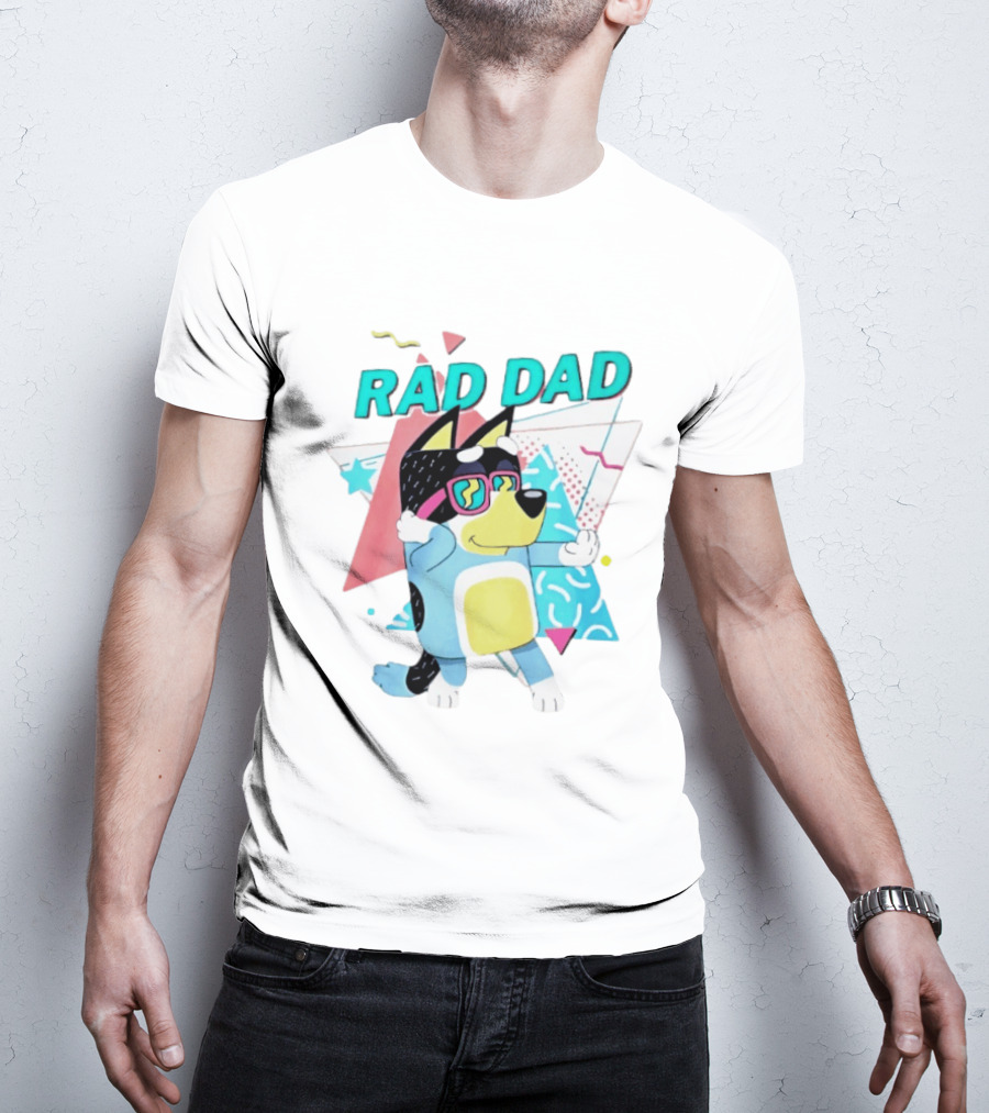 Blue Dog Rad Dad Retro Vibes With Sunglasses And Geometric T-Shirt
