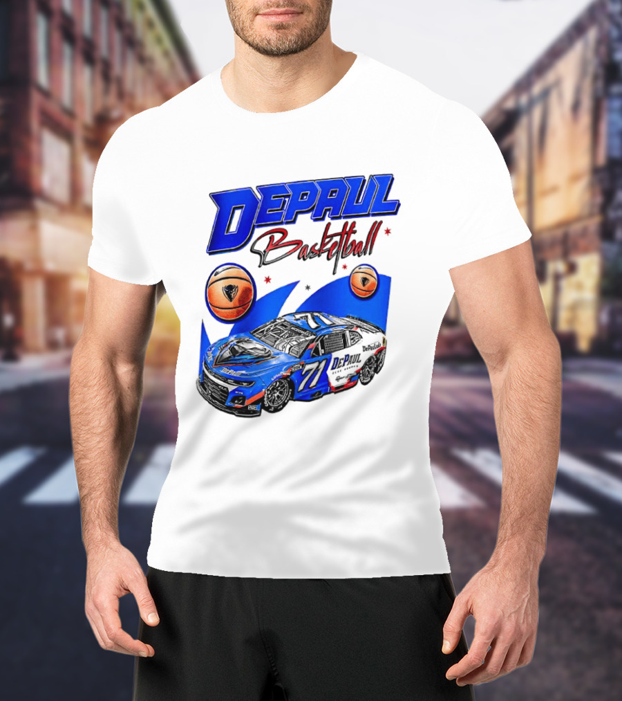 DePaul Basketball NASCAR Collaboration With Blue Race Car And Basketball T-Shirt