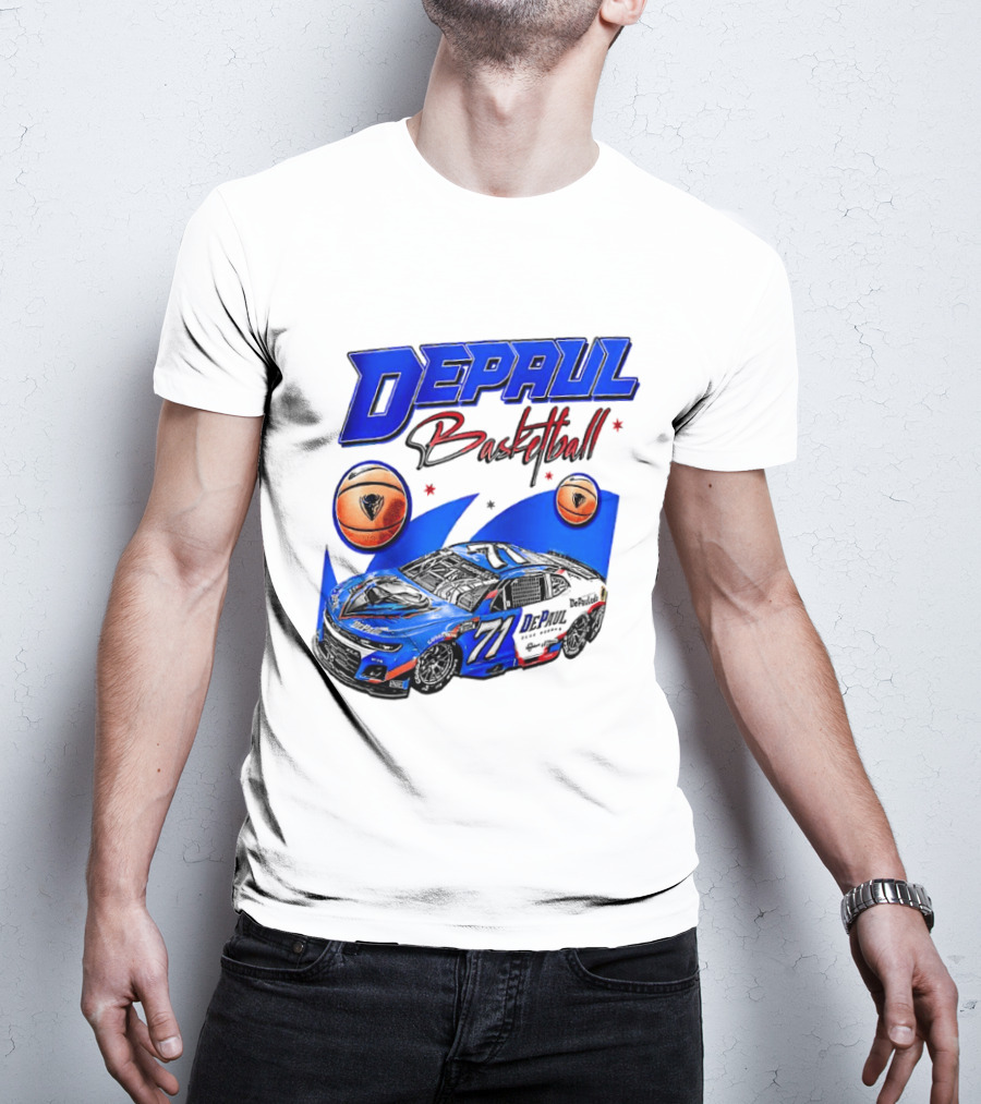 DePaul Basketball NASCAR Collaboration With Blue Race Car And Basketball T-Shirt