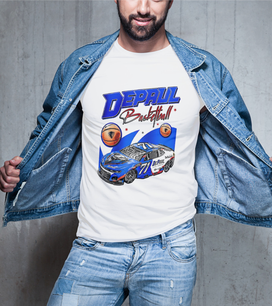 DePaul Basketball NASCAR Collaboration With Blue Race Car And Basketball T-Shirt