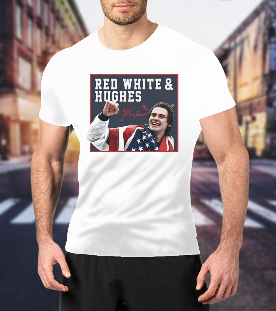 Red White & Hughes Jack Hughes USA Hockey 2026 Golden Goal T-Shirt
