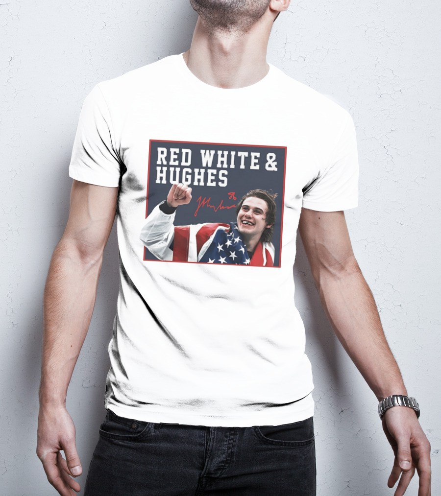 Red White & Hughes Jack Hughes USA Hockey 2026 Golden Goal T-Shirt