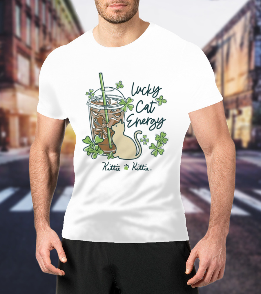 Lucky Cat Energy Kittie Kittie St. Patrick's Day Shamrock Iced Drink T-Shirt