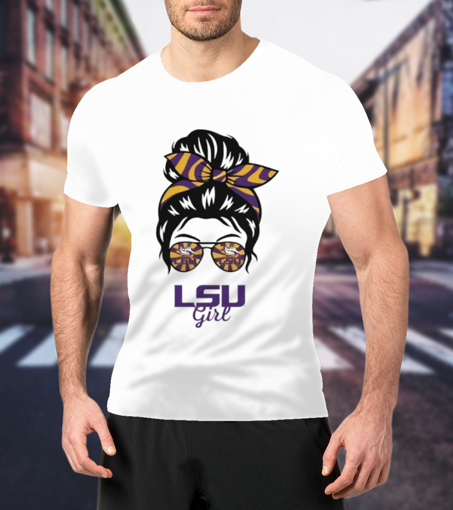 LSU Tigers Girl Purple Yellow Stripes Messy Bun Glasses T-Shirt