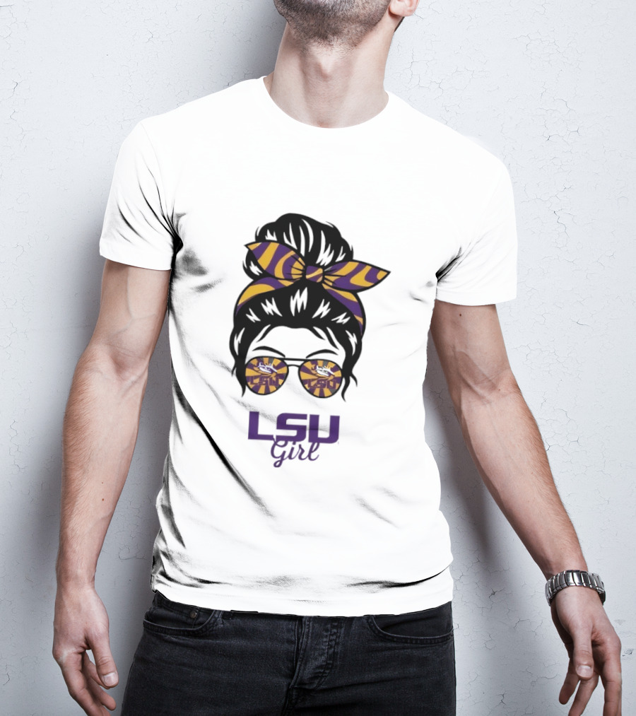 LSU Tigers Girl Purple Yellow Stripes Messy Bun Glasses T-Shirt