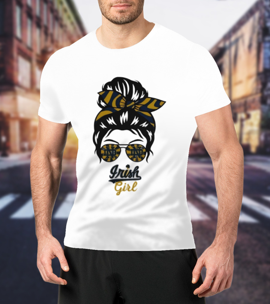 Notre Dame Irish Girl Messy Bun ND Glasses Bow T-Shirt