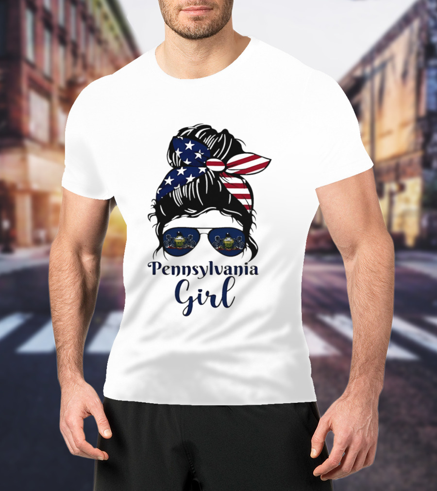 Pennsylvania Girl Messy Bun American Flag Bandana Sunglasses T-Shirt