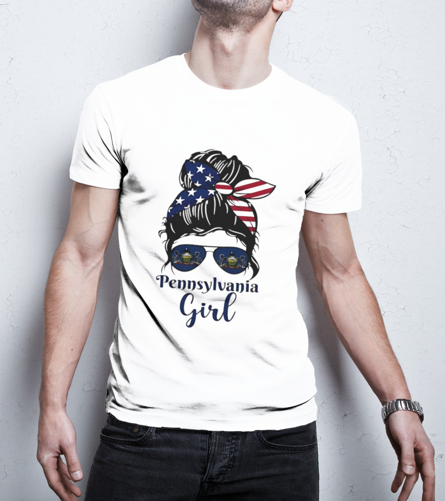 Pennsylvania Girl Messy Bun American Flag Bandana Sunglasses T-Shirt