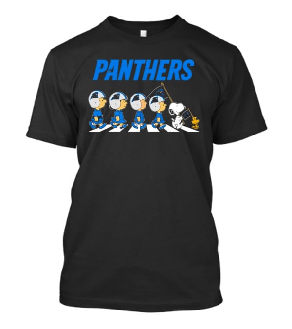Peanuts Carolina Panthers Football Characters Walking With Flag T-Shirt