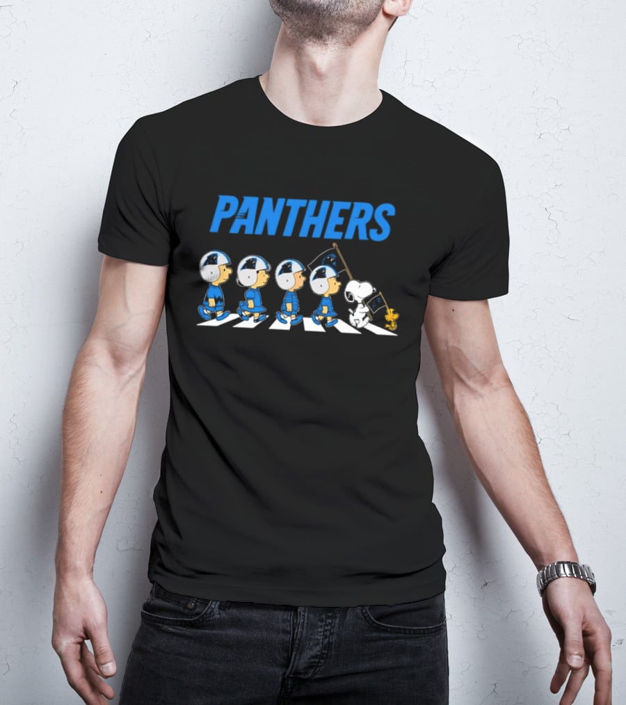 Peanuts Carolina Panthers Football Characters Walking With Flag T-Shirt