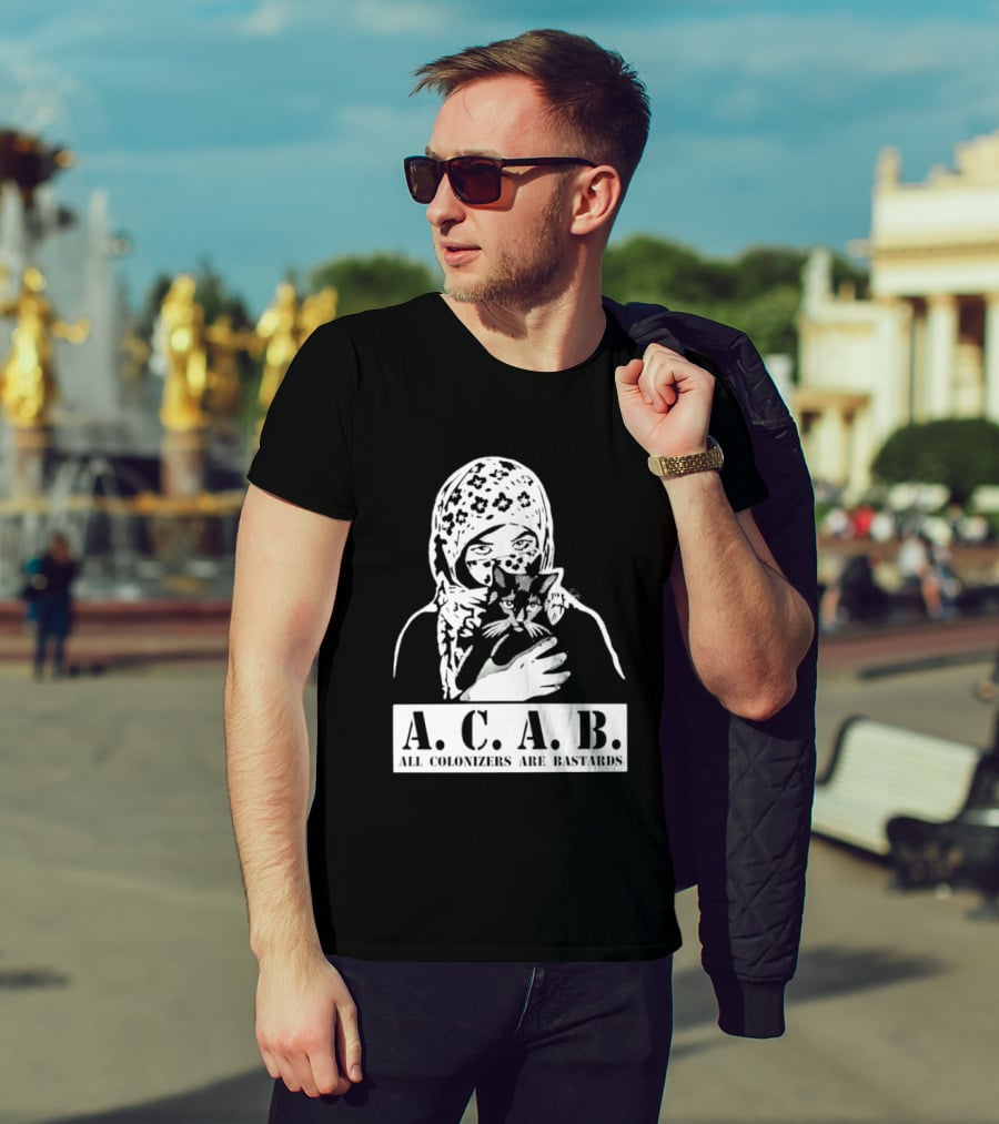 A.C.A.B. All Colonizers Are Bastards Protest Image With Floral Hijab Woman And Cat T-Shirt