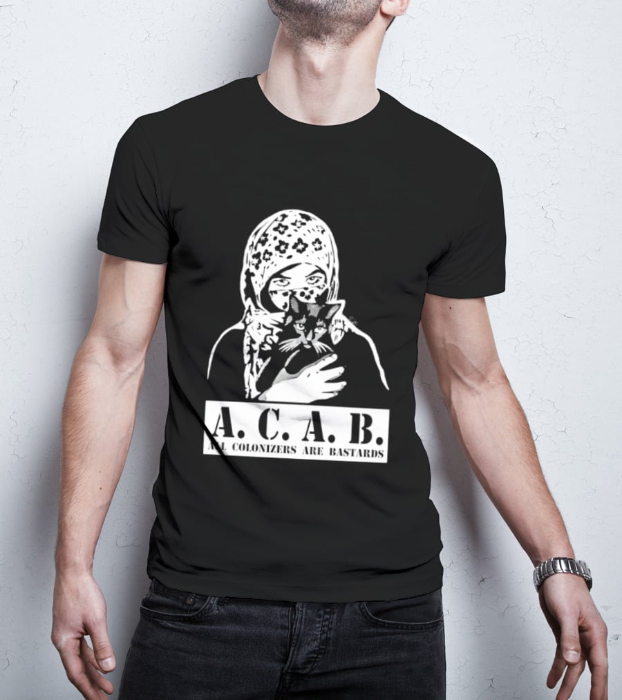 A.C.A.B. All Colonizers Are Bastards Protest Image With Floral Hijab Woman And Cat T-Shirt