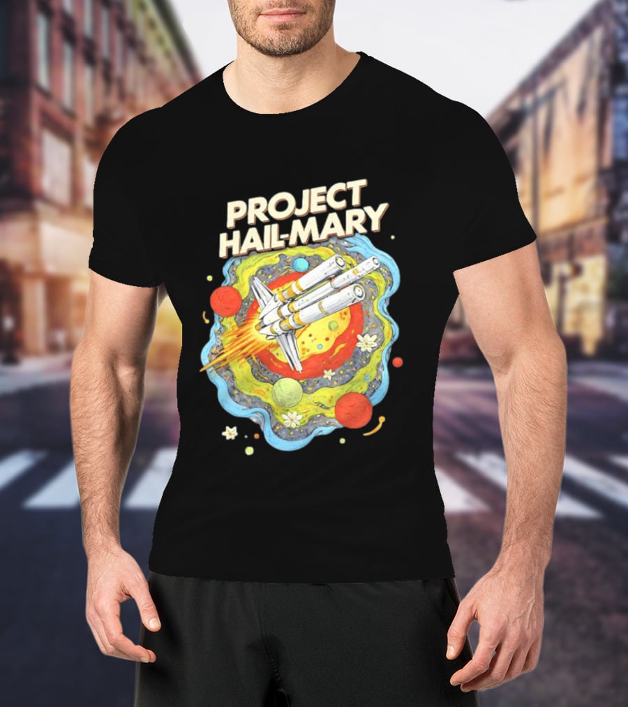 Project Hail Mary Rocket Launching Through Colorful Space Planets T-Shirt