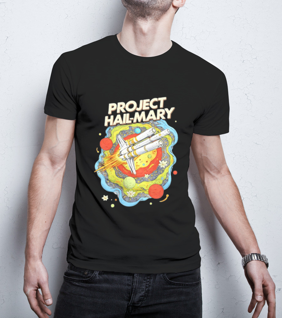 Project Hail Mary Rocket Launching Through Colorful Space Planets T-Shirt