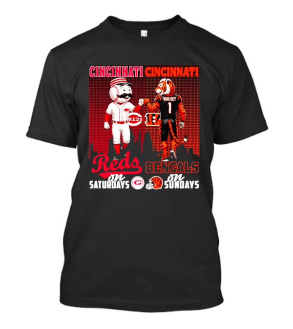 Cincinnati Reds Saturdays Vs Bengals Sundays City Mascots Skyline T-Shirt