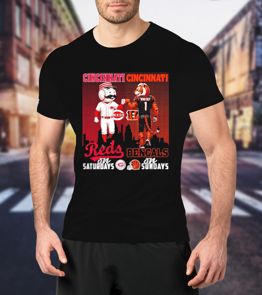Cincinnati Reds Saturdays Vs Bengals Sundays City Mascots Skyline T-Shirt