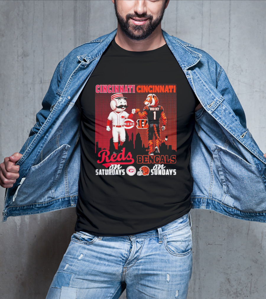 Cincinnati Reds Saturdays Vs Bengals Sundays City Mascots Skyline T-Shirt