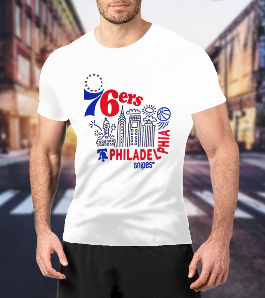Philadelphia 76ers Snipes City Skyline Sketch Basketball T-Shirt