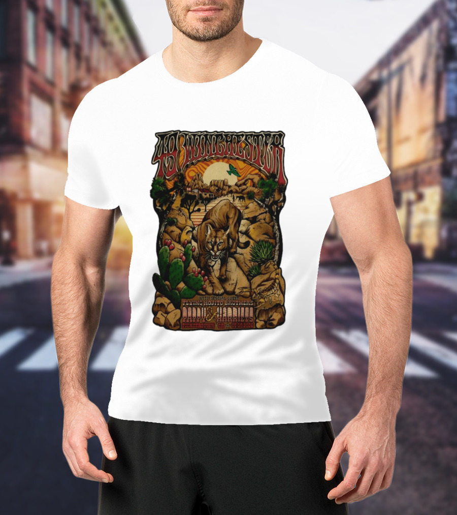49 Winchester Pioneertown May 9 2026 Flying Mojito Brothers Pap Yu Harlins Cat Desert Scene T-Shirt