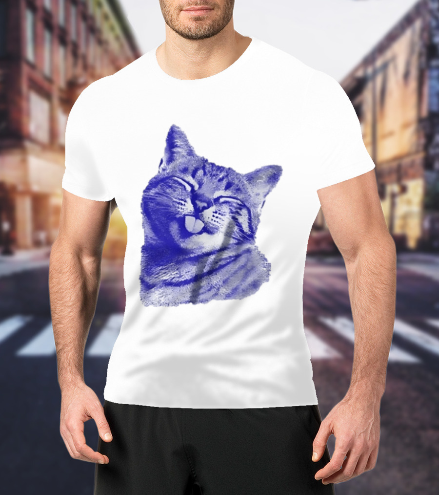 Playful Cat Sticking Out Tongue In Blue Tint T-Shirt