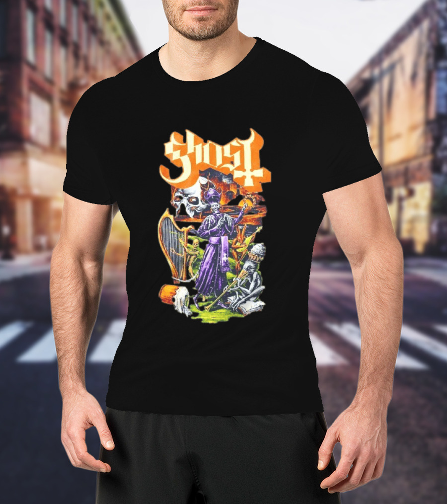 Ghost Band Gothic Horror Pope With Ghouls And Harp T-Shirt