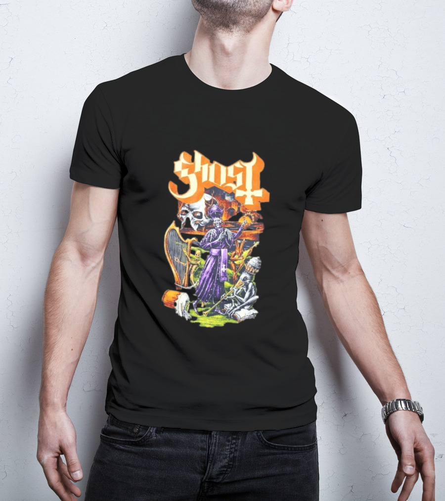 Ghost Band Gothic Horror Pope With Ghouls And Harp T-Shirt