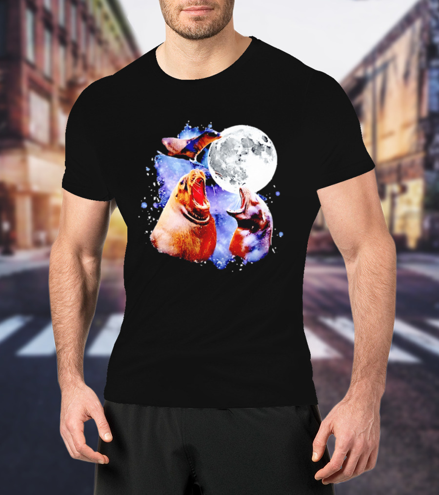 Sea Lion Trio Howling At The Moon In Outer Space Scene T-Shirt