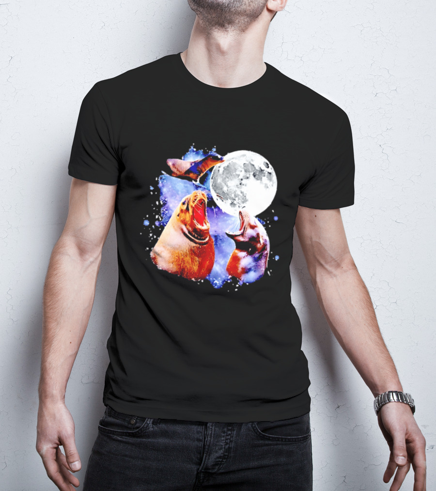 Sea Lion Trio Howling At The Moon In Outer Space Scene T-Shirt