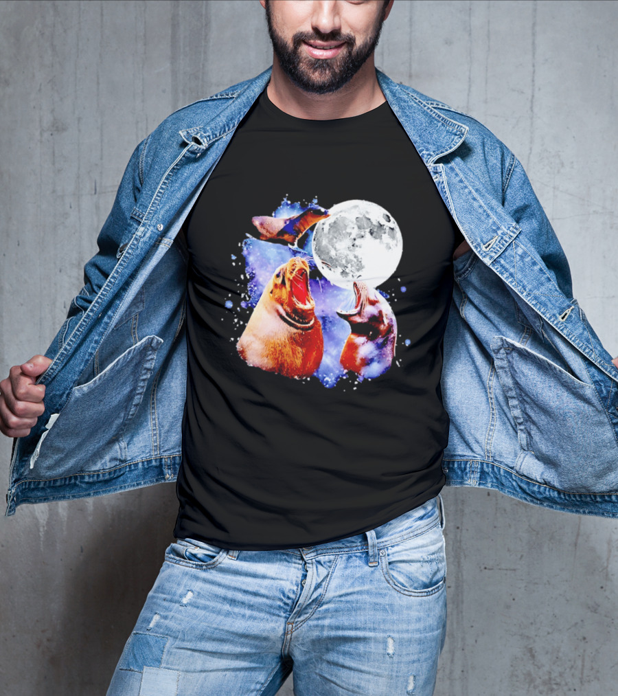 Sea Lion Trio Howling At The Moon In Outer Space Scene T-Shirt