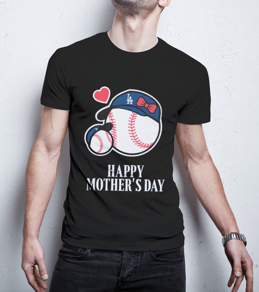 Happy Mother's Day 2026 LA Baseball Red Bow Heart T-Shirt