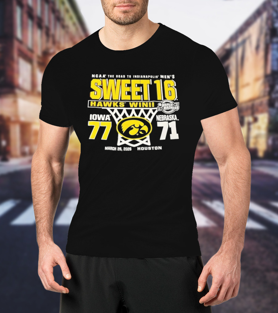 NCAA March Madness The Road To Indianapolis Men's Sweet 16 Hawks Win Iowa 77 Nebraska 71 March 25 1989 Houston T-Shirt
