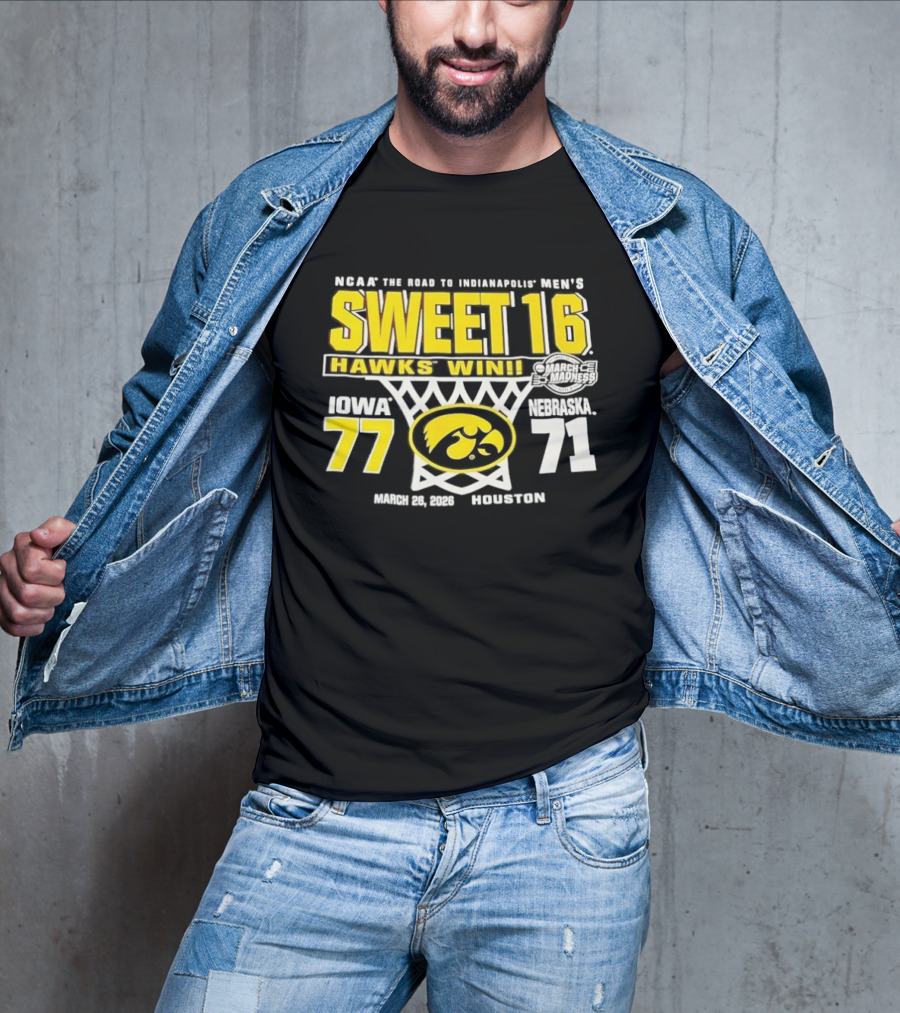 NCAA March Madness The Road To Indianapolis Men's Sweet 16 Hawks Win Iowa 77 Nebraska 71 March 25 1989 Houston T-Shirt