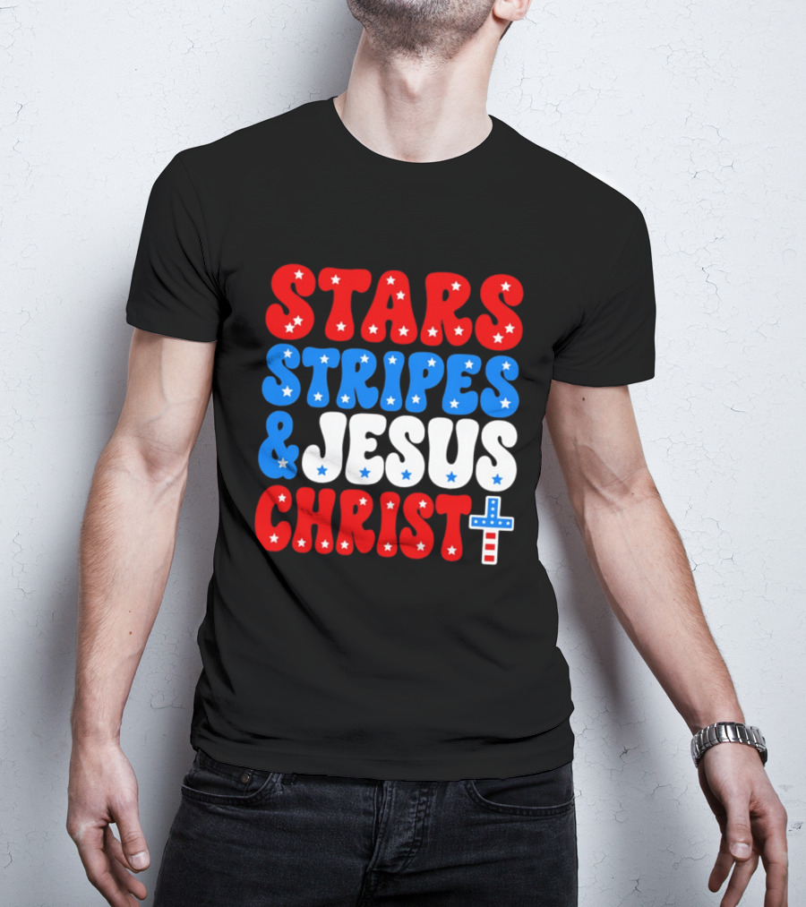Patriotic Stars Stripes Jesus Christ Christian Faith Cross T-Shirt