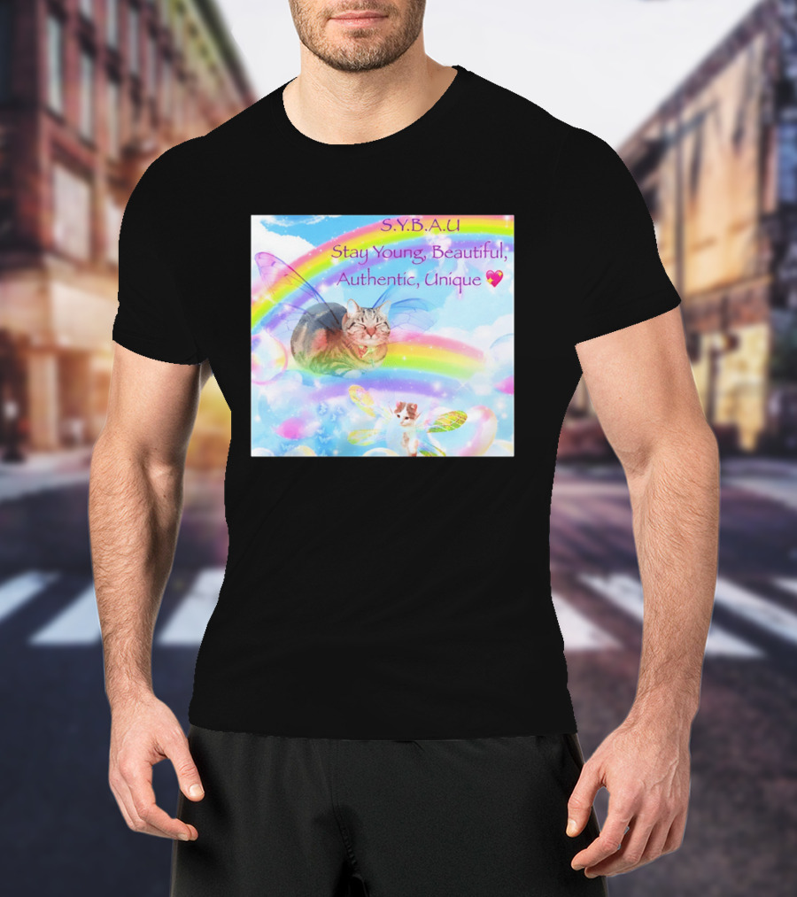 S.Y.B.A.U Stay Young Beautiful Authentic Unique Cat Rainbow Wings T-Shirt