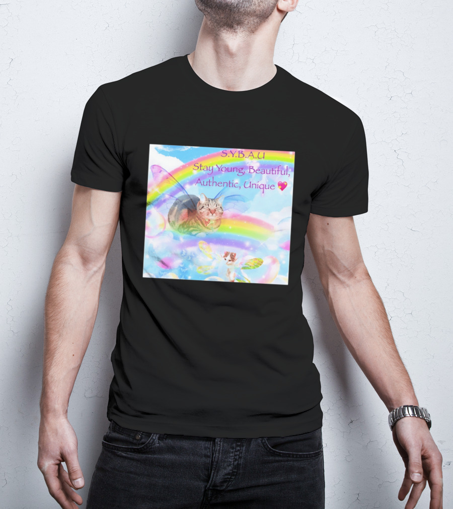 S.Y.B.A.U Stay Young Beautiful Authentic Unique Cat Rainbow Wings T-Shirt