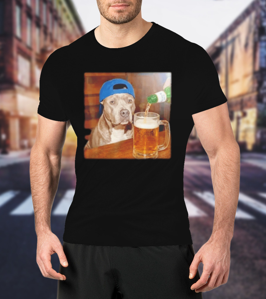 Pit Bull Drinking Beer Blue Cap Meme T-Shirt