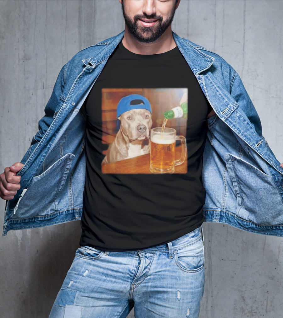 Pit Bull Drinking Beer Blue Cap Meme T-Shirt