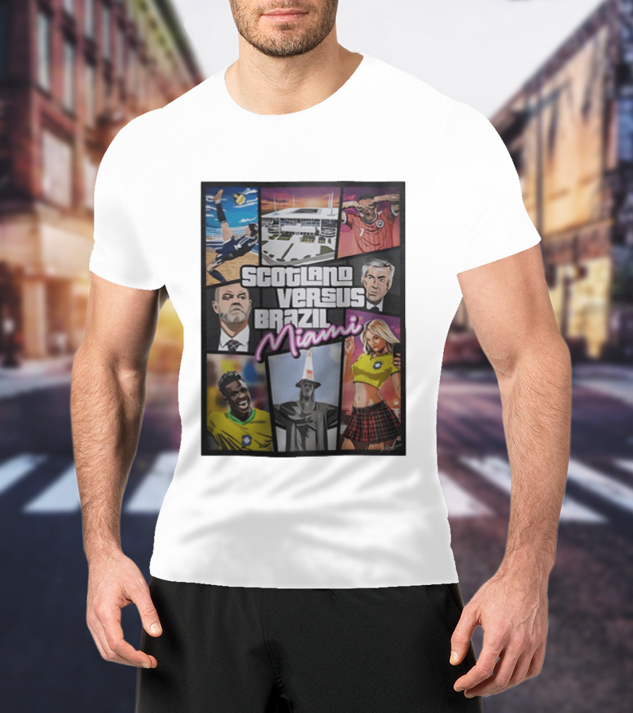 Scotland Versus Brazil Miami Comic Style Soccer Matchup T-Shirt
