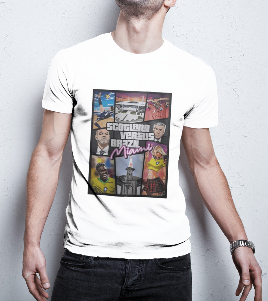 Scotland Versus Brazil Miami Comic Style Soccer Matchup T-Shirt