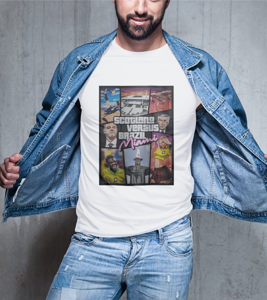 Scotland Versus Brazil Miami Comic Style Soccer Matchup T-Shirt