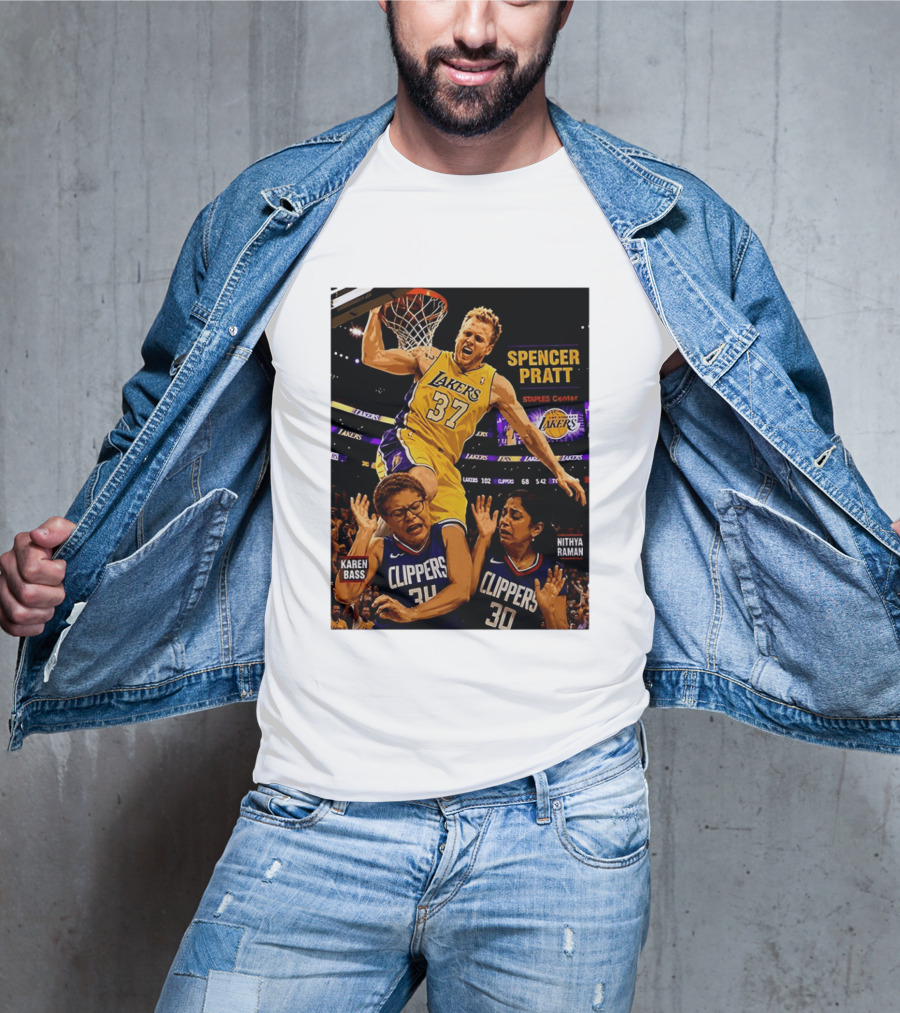 Los Angeles Lakers Spencer Pratt Dunks Staples Center Clippers Karen Bass Nithya Raman T-Shirt