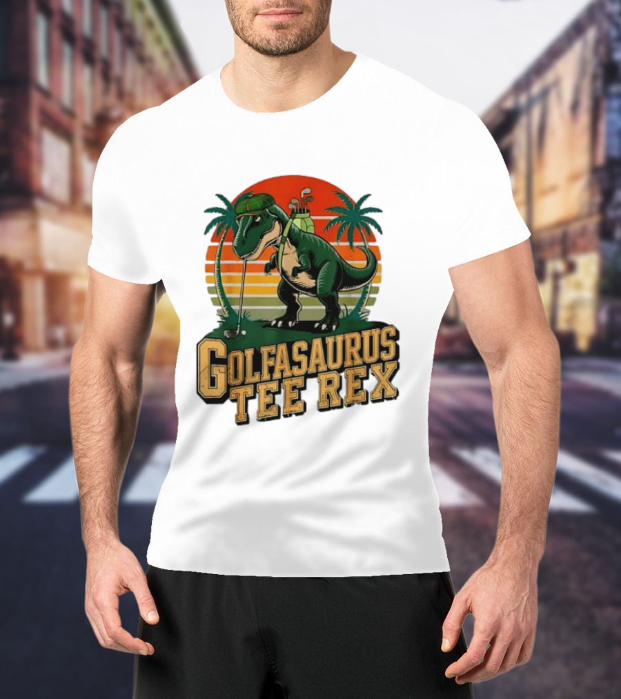 Golfasaurus Rex Rex Dinosaur Playing Golf Sunset Palm Trees T-Shirt
