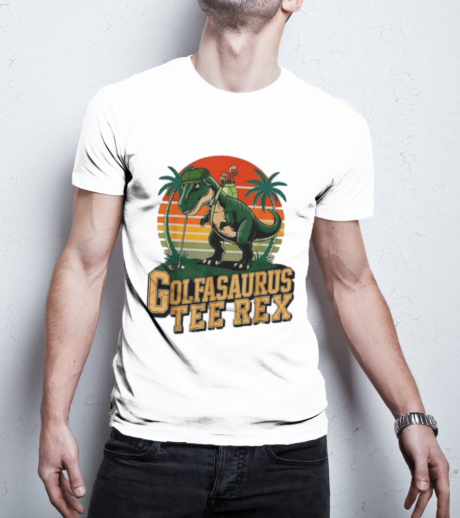 Golfasaurus Rex Rex Dinosaur Playing Golf Sunset Palm Trees T-Shirt