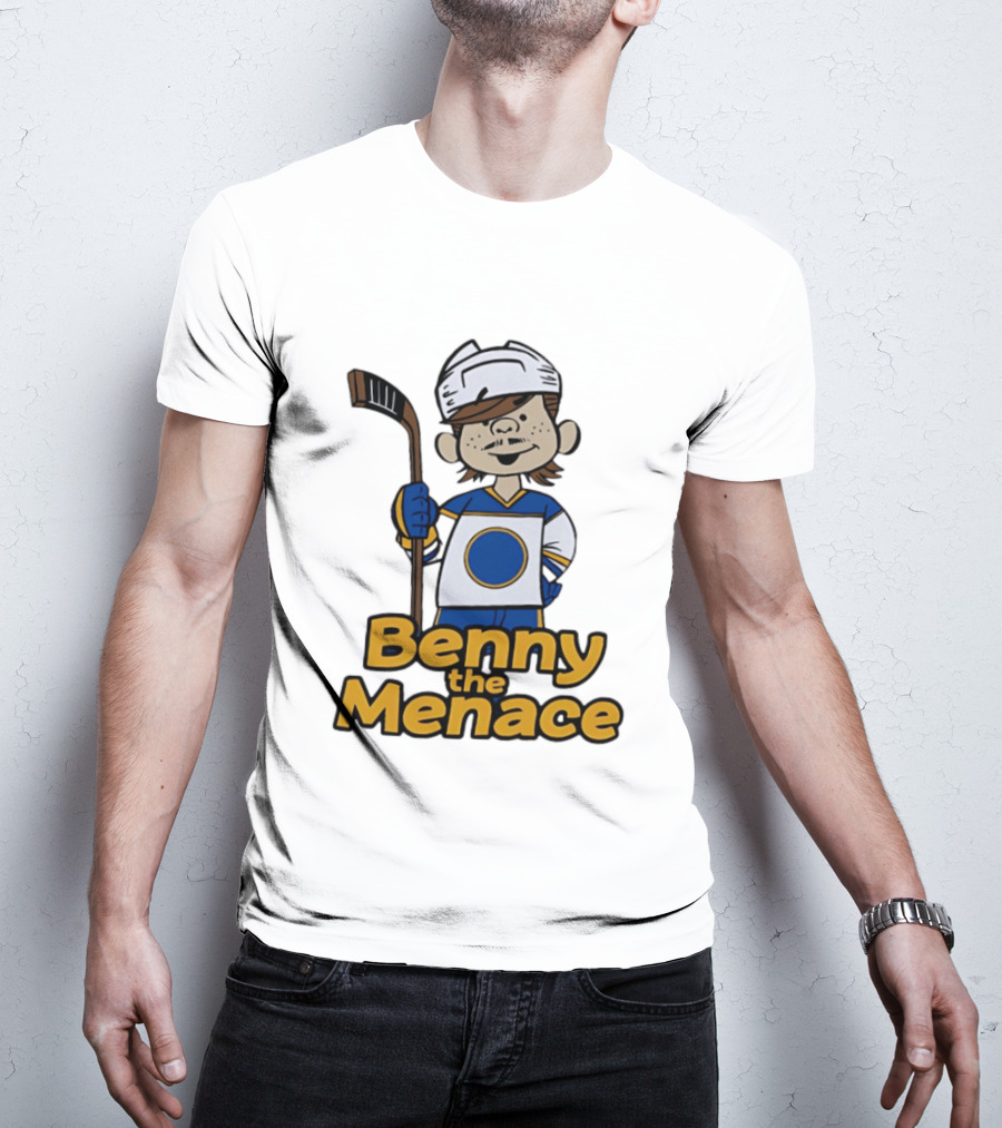 Benny The Menace Cartoon Character With Hockey Stick Buffalo Sabres T-Shirt