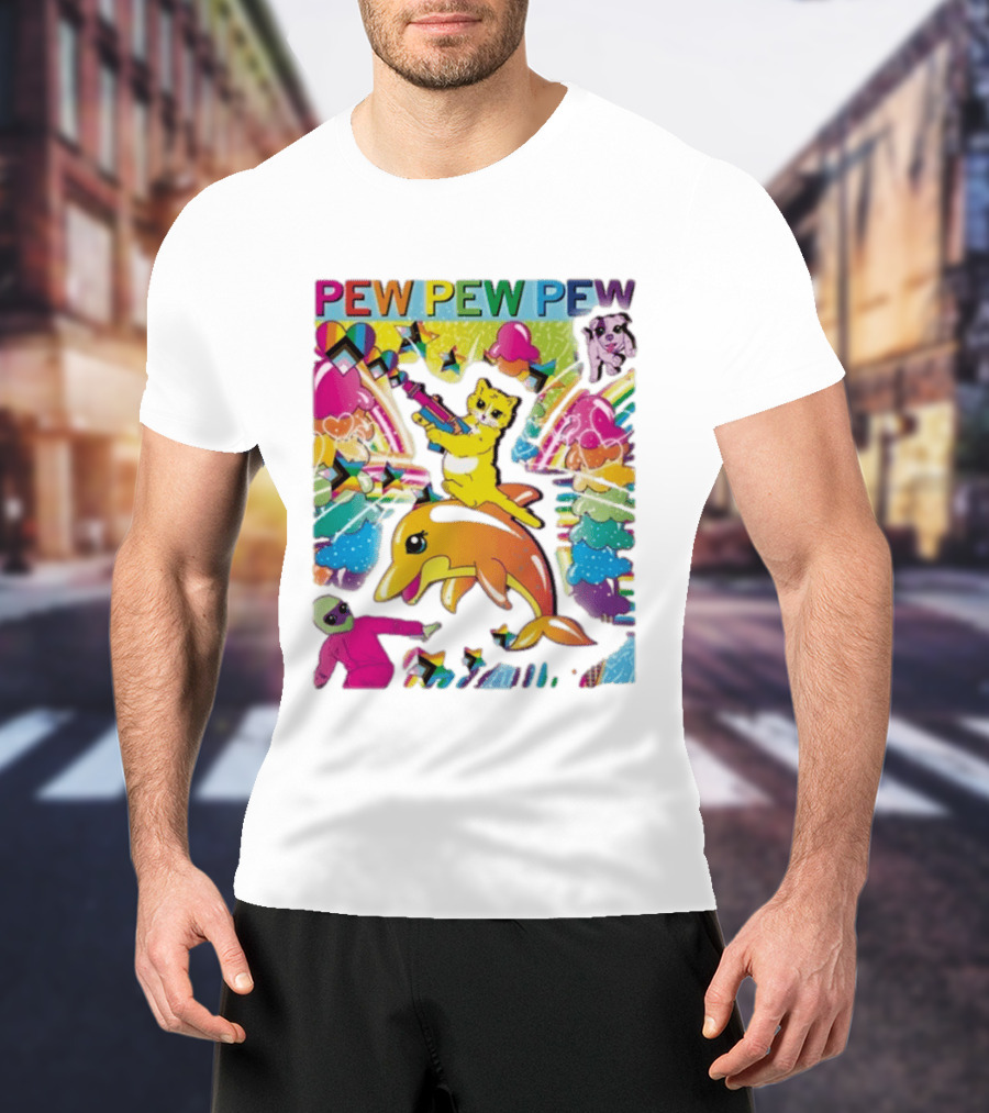 Pew Pew Pew Colorful Cat Dolphin Alien Rainbow T-Shirt