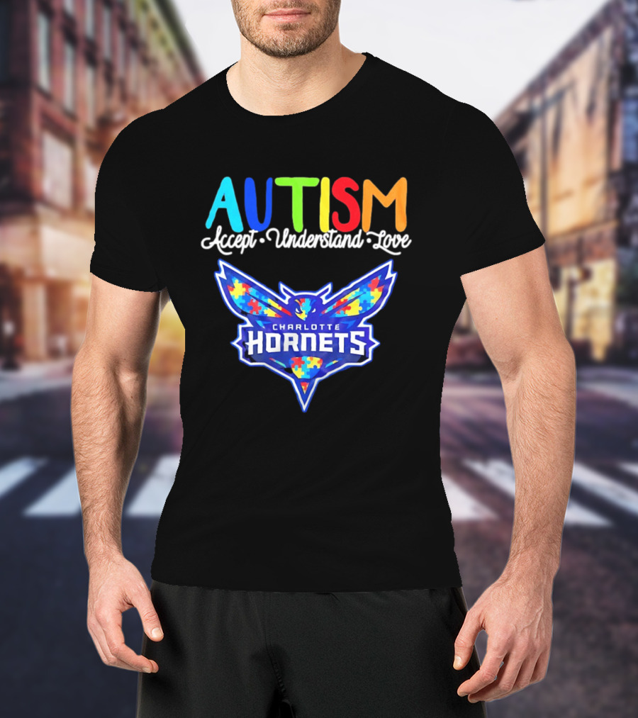 Charlotte Hornets Autism Accept Understand Love Awareness Support Puzzle Wings T-Shirt