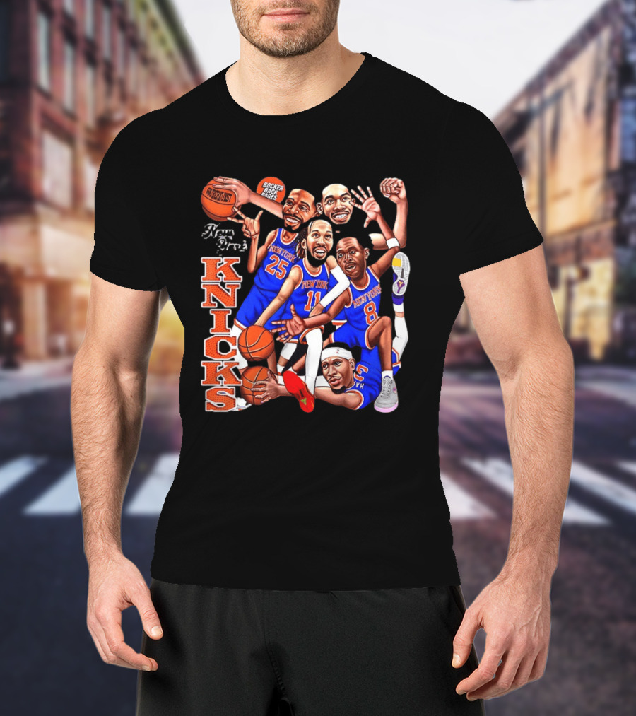 New York Knicks Starting Five 2026 Caricature Dunk Basketball Hoops T-Shirt