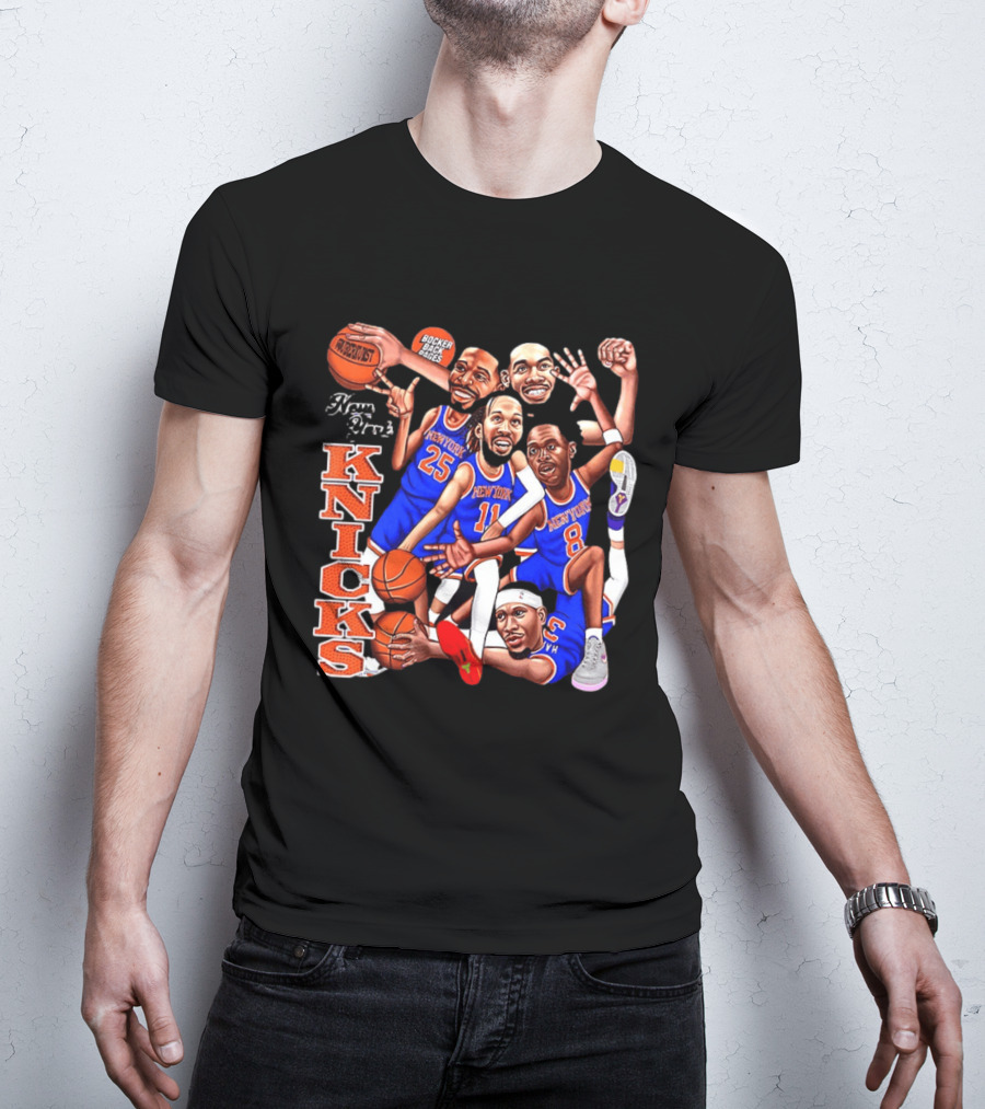 New York Knicks Starting Five 2026 Caricature Dunk Basketball Hoops T-Shirt