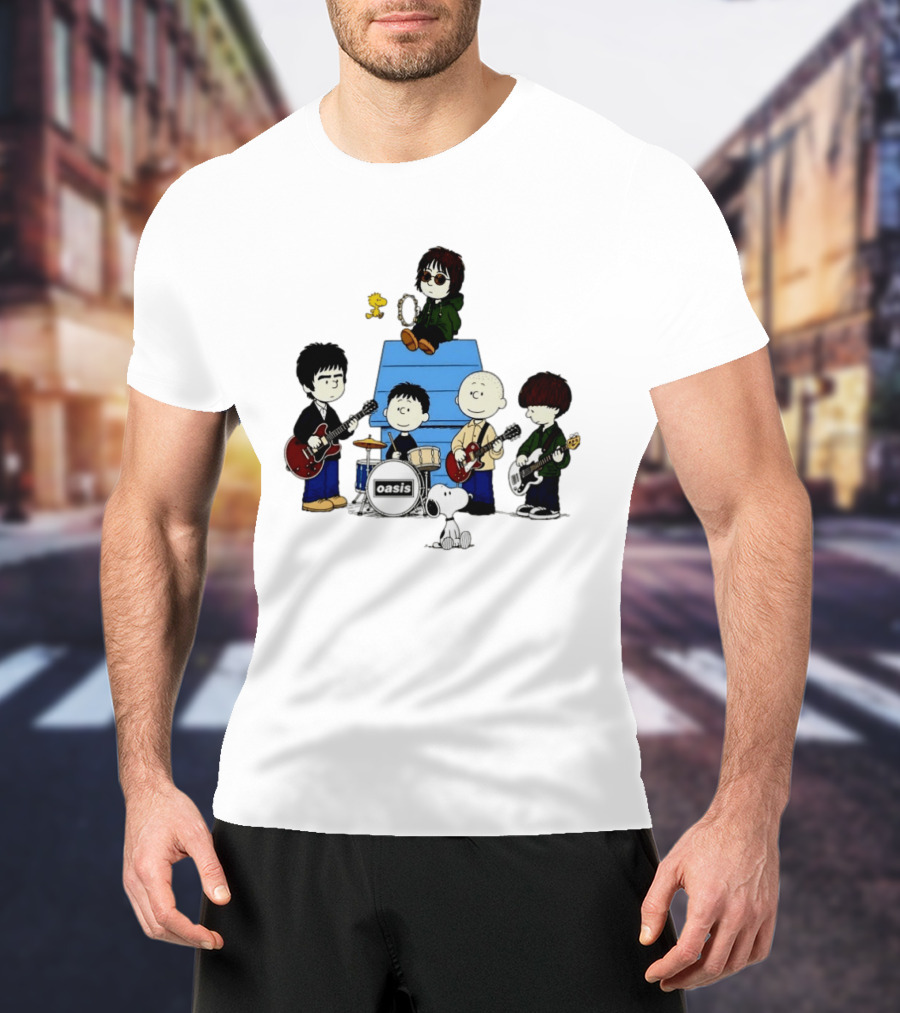 Snoopy Peanuts Oasis Band Cartoon Woodstock Drums Guitars T-Shirt