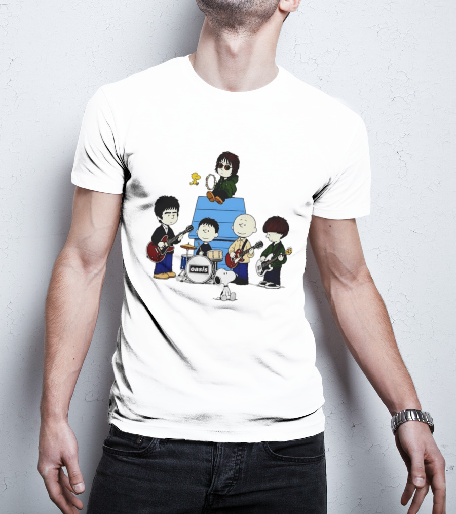 Snoopy Peanuts Oasis Band Cartoon Woodstock Drums Guitars T-Shirt